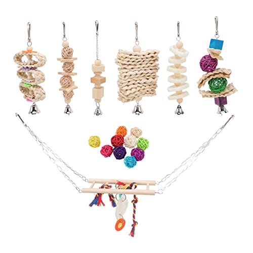 Vogelspielzeug für Papageien | Bunte Kletterbrücke & Swing -Kauspielzeug mit Bell | Sichere Materialien für Sittiche/Cockatiels/Lovebirds | 10 Rattan -Bälle + 6 Zubehör von REXVTNS