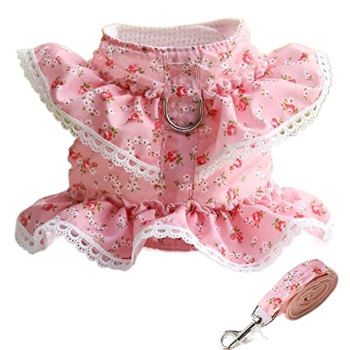 Hunde- Und Katzengeschirr, Leine, Verstellbare Spitze, Mit Blumenmuster, Haustiergeschirr, Weste, Niedliches Hundekleid, Mesh-Geschirr, Katzen-Laufleine (Color : Pink, Size : L) von REYNEM