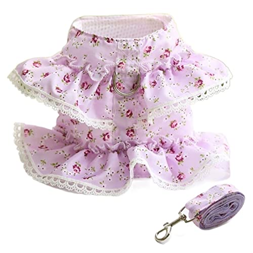 Hunde- Und Katzengeschirr, Leine, Verstellbare Spitze, Mit Blumenmuster, Haustiergeschirr, Weste, Niedliches Hundekleid, Mesh-Geschirr, Katzen-Laufleine (Color : Purple, Size : L) von REYNEM