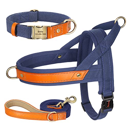 Nylon-Hundehalsband-Geschirr-Leine-Set, Kein Ziehen, Leder, Welpen-Hundegeschirr, Haustierweste, Gurt for Kleine, Mittelgroße Hunde, Französische Bulldogge (Color : Dark Blue 3 Set, Size : M) von REYNEM