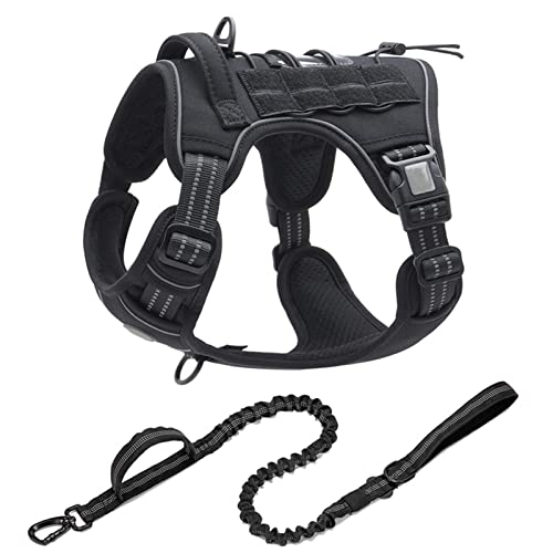 Reflektierendes Taktisches Geschirr for Große Kleine Hunde, Trainingsweste, Leine, Haustiergeschirr Und Leine, Set for Hunde Im Freien, Verstellbar, Gepolstert ( Color : Black Set , Size : M ) von REYNEM