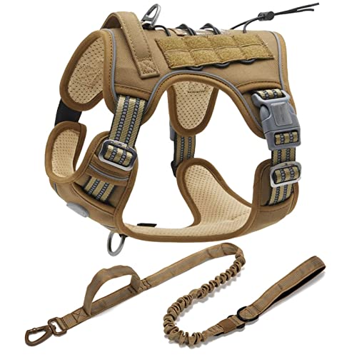 Reflektierendes Taktisches Geschirr for Große Kleine Hunde, Trainingsweste, Leine, Haustiergeschirr Und Leine, Set for Hunde Im Freien, Verstellbar, Gepolstert ( Color : Brown Set , Size : L ) von REYNEM