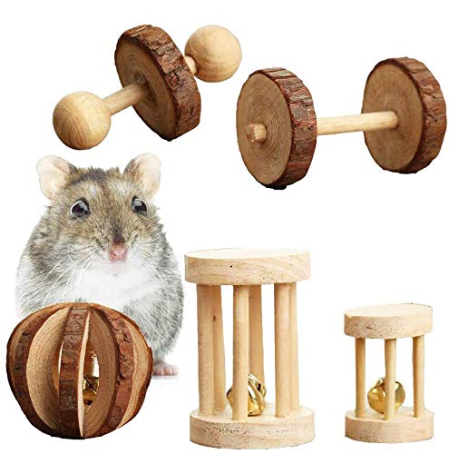 Kauspielzeug für Kleine Tiere,5 Stücke Hamster Kauspielzeug Natürliche Kiefernholz Unicycle Roller Übung Hantel Zahnpflege Molaren Spielzeug für Hamster Hase Kaninchen Ratten Rennmäuse von REYOK