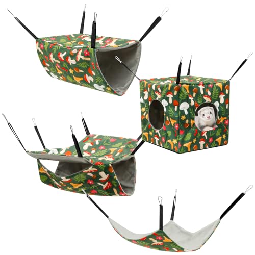 Hamster-Hängematten-Set, Ratten-Hängebett, waschbar, Meerschweinchen-Versteck, weiches Frettchen-Hängenest für Chinchilla, Zuckergleiter, Eichhörnchen (grüner Pilz) von RHAIQBVC