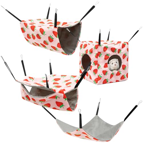 Hamster-Hängematten-Set, Ratten-Hängebett, waschbar, Meerschweinchen-Versteck, weiches Frettchen-Hängenest für Chinchilla, Zuckergleiter, Eichhörnchen (rosa Erdbeere), 4-teilig von RHAIQBVC