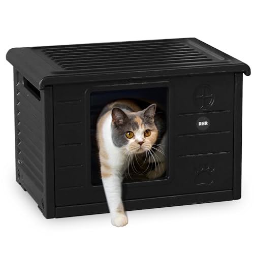 RHRQuality Katzenhaus Villa de Luxe – Für drinnen und draußen – Wetterfest und transportabel – Mit XL-Eingang (22 x 26 cm) – Blackline Schwarz von RHRQUALITY
