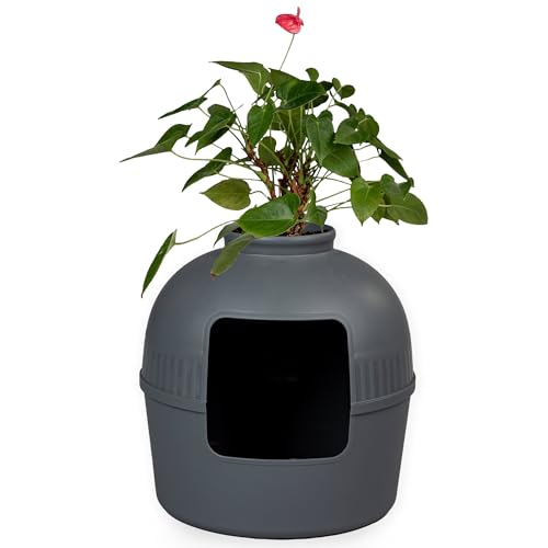 RHRQUALITY Katzentoilette – Flower XXL – Versteckte Katzentoilette – Für große Katzen – Mit großem Eingang (51 cm) und Abnehmbarer Oberseite – Anthrazit von RHRQUALITY