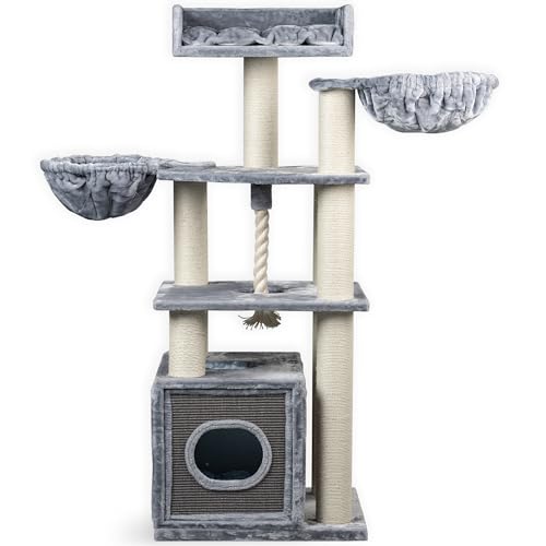 RHRQuality Kratzbaum für große Katzen – Cat Relax Plus – Mit Kratztonne – Extra Dicke Sisalstämme (Ø 12 cm) – Hellgrau von RHRQUALITY