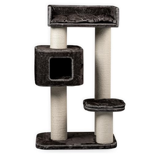 RHRQuality Kratzbaum für große Katzen – Devon Rex – 120 cm hoch – mit 15 cm Sisalstämmen & Spielhaus – Taupe von RHRQUALITY