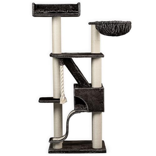 RHRQuality Kratzbaum für große Katzen – Kilimandjaro de Luxe – 195 cm hoch – mit 12 cm Sisalstämmen & luxuriösem Liegeplatz – Taupe von RHRQUALITY