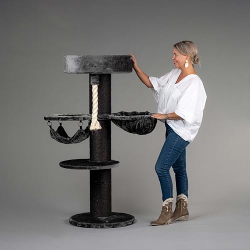 RHRQuality Kratzbaum für große Katzen – Maine Coon Sleeper Crown Plus – 150 cm hoch – mit extra dicken 20 cm Sisalstämmen – Blackline Dunkelgrau von RHRQUALITY