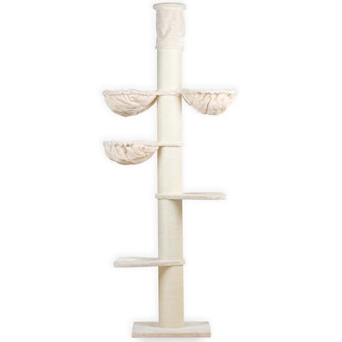 RHRQuality Kratzbaum für große Katzen – Maine Coon Tower Plus – 245 bis 265 cm hoch – Mit extra dicken 20 cm Sisalstämmen – Creme von RHRQUALITY