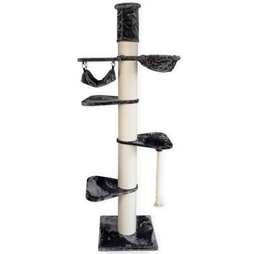 RHRQuality Kratzbaum für große Katzen – Maine Coon Tower Crown – 270 bis 290 cm hoch – Mit extra dicken 20 cm Sisalstämmen – Dunkelgrau von RHRQUALITY
