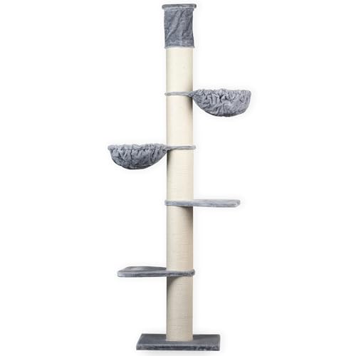 RHRQuality Kratzbaum für große Katzen – Maine Coon Tower Plus – 235 bis 255 cm hoch – Mit extra dicken 20 cm Sisalstämmen – Hellgrau von RHRQUALITY