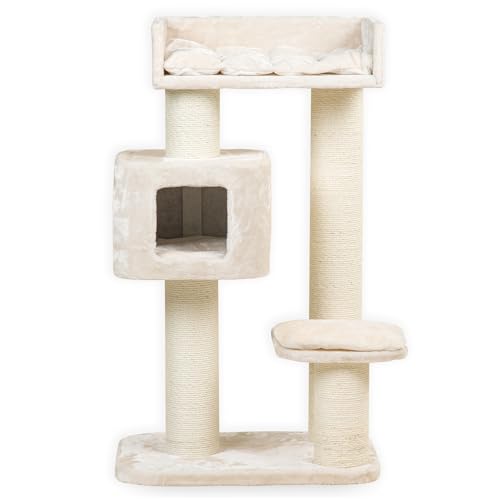 RHRQuality Kratzbaum für große Katzen – Devon Rex – 120 cm hoch – mit 15 cm Sisalstämmen & Spielhaus – Creme von RHRQUALITY