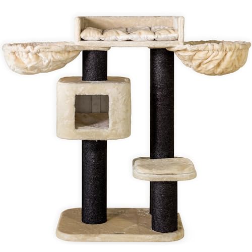RHRQuality Kratzbaum für große Katzen – Devon Rex Plus – 120 cm hoch – mit 15 cm Sisalstämmen & Spielhaus – Blackline Beige von RHRQUALITY