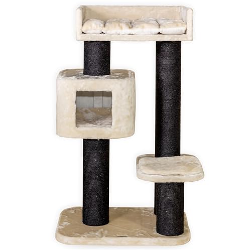 RHRQuality Kratzbaum für große Katzen – Devon Rex – 120 cm hoch – mit 15 cm Sisalstämmen & Spielhaus – Blackline Beigepeelhuis – Blackline Taupe von RHRQUALITY