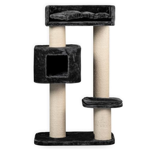RHRQuality Kratzbaum für große Katzen – Devon Rex – 120 cm hoch – mit 15 cm Sisalstämmen & Spielhaus – Dunkelgrau von RHRQUALITY
