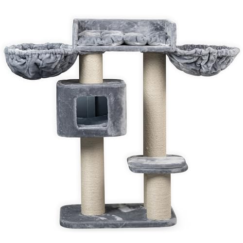RHRQuality Kratzbaum für große Katzen – Devon Rex Plus – 120 cm hoch – mit 15 cm Sisalstämmen & Spielhaus – hellgrau von RHRQUALITY