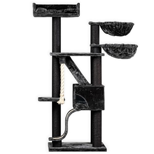 RHRQuality Kratzbaum für große Katzen – Kilimandjaro de Luxe Plus – 195 cm hoch – mit 12 cm Sisalstämmen & luxuriösem Liegeplatz – Blackline Dunkelgrau von RHRQUALITY