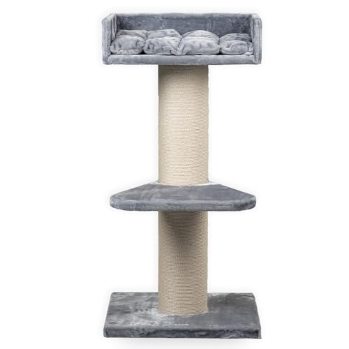 RHRQuality Kratzbaum für große Katzen – Maine Coon Lounge – 120 cm hoch – mit extra dicken 20 cm Sisalstämmen – hellgrau von RHRQUALITY