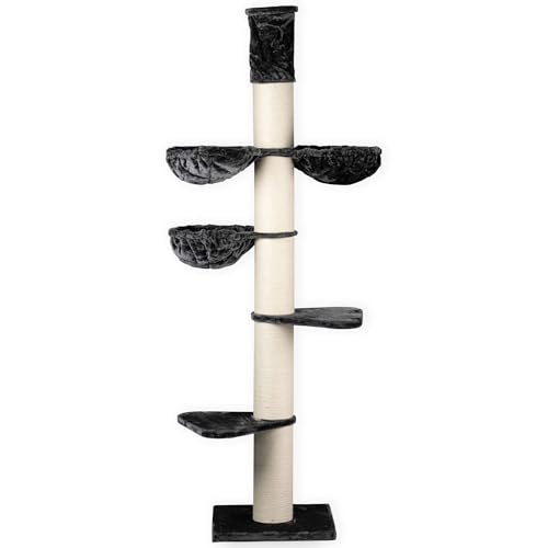 RHRQuality Kratzbaum für große Katzen – Maine Coon Tower Plus – 235 bis 255 cm hoch – Mit extra dicken 20 cm Sisalstämmen – Dunkelgrau von RHRQUALITY