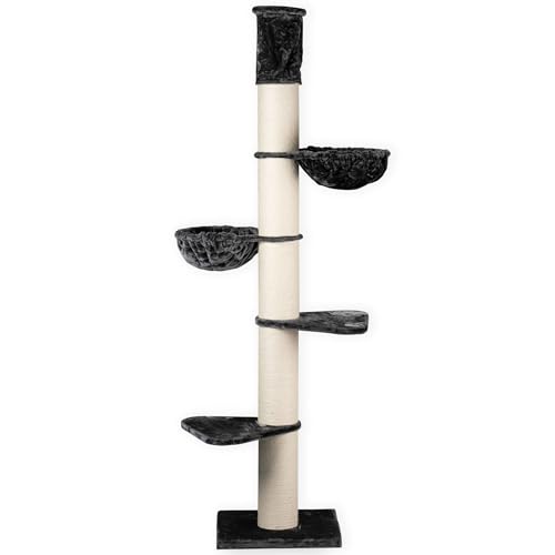 RHRQuality Kratzbaum für große Katzen – Maine Coon Tower Plus – 245 bis 265 cm hoch – Mit extra dicken 20 cm Sisalstämmen – Dunkelgrau von RHRQUALITY