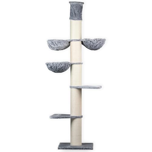 RHRQuality Kratzbaum für große Katzen – Maine Coon Tower Plus – 265 bis 285 cm hoch – Mit extra dicken 20 cm Sisalstämmen – Hellgrau von RHRQUALITY