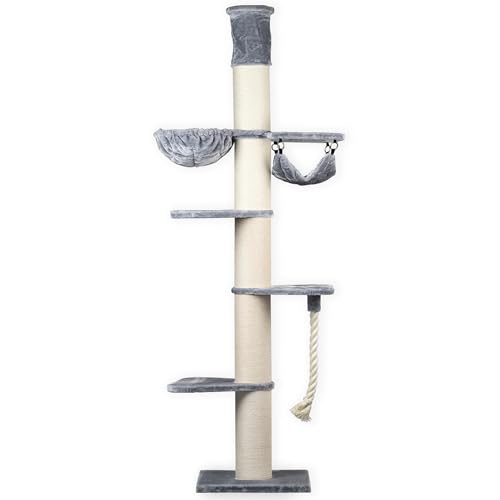 RHRQuality Kratzbaum für große Katzen – Maine Coon Tower Crown – 260 bis 280 cm hoch – Mit extra dicken 20 cm Sisalstämmen – Hellgrau von RHRQUALITY