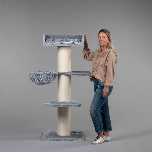 RHRQuality Kratzbaum für große Katzen – Royalty Plus – 158 cm hoch – mit extra dicken 20 cm Sisalstämmen – hellgrau von RHRQUALITY