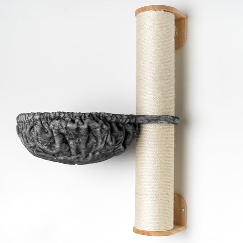 RHRQuality Wandmöbel Kletterwand Katze – Wand Sisalstamm XXL mit Hängematte 45Ø de Luxe – Belastbarkeit bis 20 kg – Für große Katzen – Mit luxuriöser Liegefläche – Dunkelgrau von RHRQUALITY