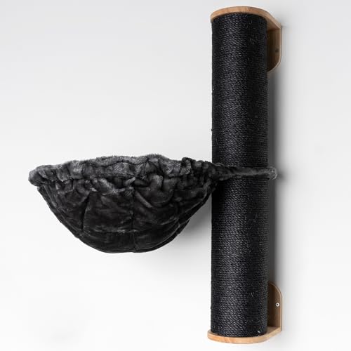 RHRQuality Wandmöbel Kletterwand Katze – Wand Sisalstamm XXL mit Hängematte 45Ø de Luxe – Tragkraft bis 20 kg – Für große Katzen – Mit luxuriöser Liegefläche – Blackline Dunkelgrau von RHRQUALITY