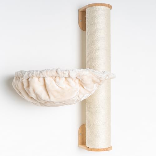 RHRQuality Wandmöbel Kletterwand Katze – Wand Sisalstamm XXL mit Hängematte 45Ø de Luxe – Tragkraft bis 20 kg – Für große Katzen – Mit luxuriöser Liegefläche – Creme von RHRQUALITY