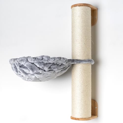 RHRQuality Wandmöbel Kletterwand Katze – Wand Sisalstamm XXL mit Hängematte 45Ø de Luxe – Tragkraft bis 20 kg – Für große Katzen – Mit luxuriöser Liegefläche – Hellgrau von RHRQUALITY