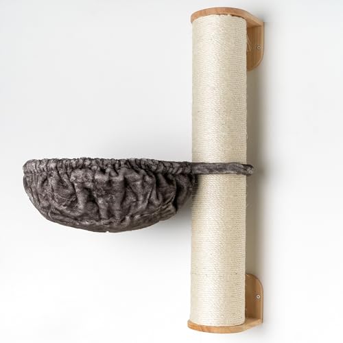 RHRQuality Wandmöbel Kletterwand Katze – Wand Sisalstamm XXL mit Hängematte 45Ø de Luxe – Tragkraft bis 20 kg – Für große Katzen – Mit luxuriöser Liegefläche – Taupe von RHRQUALITY