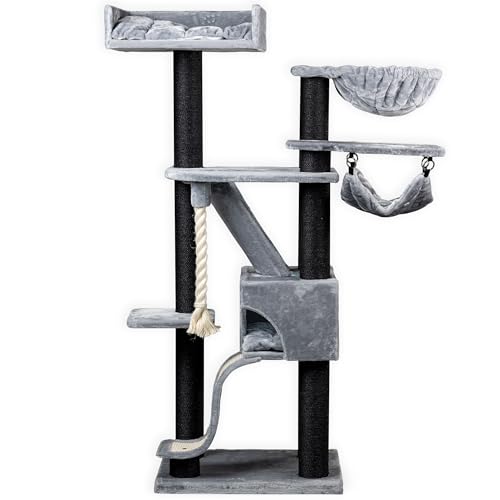 RHRQuality Kratzbaum für große Katzen – Kilimandjaro de Luxe Crown – 195 cm hoch – mit 12 cm Sisalstämmen & luxuriösem Liegeplatz – Blackline Hellgrau von RHRQUALITY