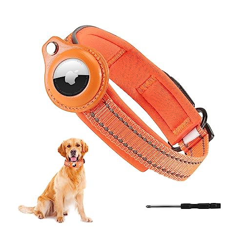 RHXOFYANG AirTag Hundehalsband, gepolstertes Air-Tag-Hundehalsband, verstellbares Airtag-Zubehör, reflektierendes Haustierhalsband für kleine und mittelgroße Hunde von RHXOFYANG (M, Orange) von RHXOFYANG
