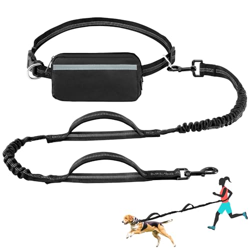 RHXOFYANG Hundeleine mit Reißverschlusstasche, Verstellbarer Taillengürtel, reflektierender Gummizug, stoßdämpfend, freihändiges Hundeleinen-Zubehör von RHXOFYANG (Schwarz und Schwarz) von RHXOFYANG