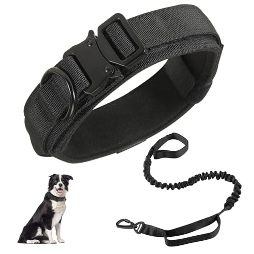 RHXOFYANG Taktisches Hundehalsband und Leine, verstellbar, Militär-Nylon, Bungee-Leine und Halsband mit Griff und schwerer Metallschnalle, Hundetrainingshalsband-Leinen-Set für mittelgroße und große von RHXOFYANG