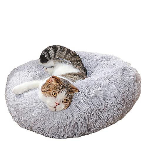 RICHRAIN Donut Beruhigendes Katzen- und Hundebett, Plüsch, waschbar, superweich und flauschig, für warmes Schlafen, 70 cm, Hellgrau von RICHRAIN