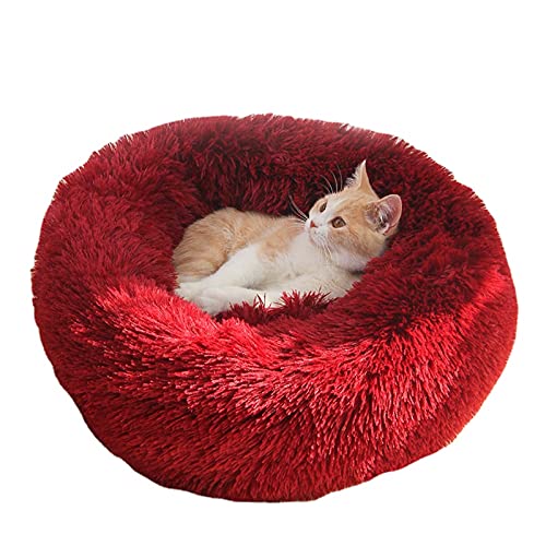 RICHRAIN Donut beruhigendes Katzen-/Hundebett, groß, mittelgroß, klein, Plüsch, waschbar, superweich und flauschig, für warmes Schlafen (50 cm, Weinrot) von RICHRAIN