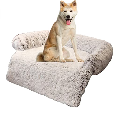 RICHRAIN Plüsch-Haustier-Sofa, beruhigendes Bett für Hunde, flauschig, tiefes Schlafen, lindert Angstzustände, Sofaschoner, Haustiermatratze (XS (61 x 61 cm), braun) von RICHRAIN