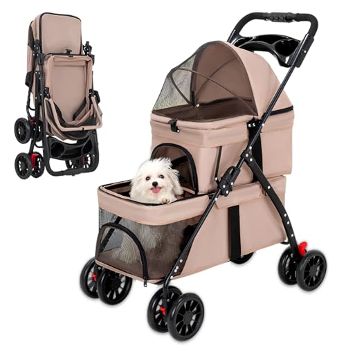 RIDEONMOP Doppelter Haustierwagen für Hunde und Katzen, Haustier-Reisetransportwagen mit feststellbaren Rädern, Stauraum, mit einem Handgriff zusammenklappbar und belüftet,Khaki von RIDEONMOP