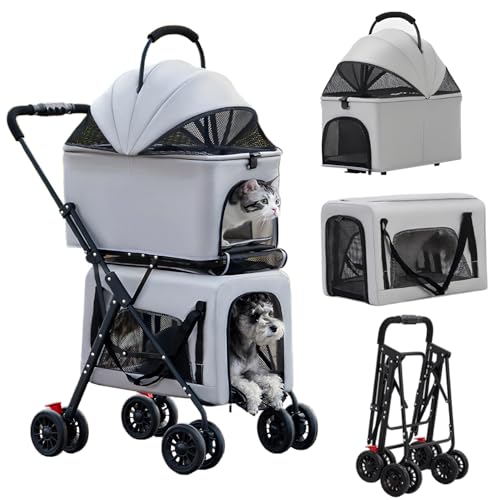 RIDEONMOP Doppelter Haustierwagen für Hunde und Katzen, einhändig zusammenklappbarer Hundewagen mit 2 abnehmbaren Transportboxen, feststellbaren Rädern und Stauraum,Grau von RIDEONMOP