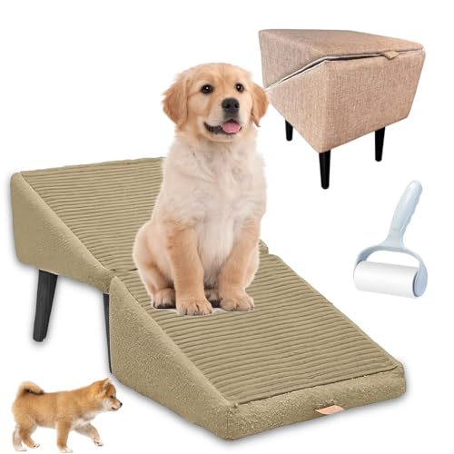 RIDEONMOP Geteilte Ottoman-Hunderampe, leichte, zusammenklappbare Hundetreppe, 2-in-1-Treppe für große und kleine Hunde, doppelt verwendbare Rampe für Sofa und Bett,Khaki (Cotton and Linen) von RIDEONMOP