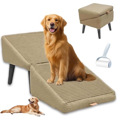 RIDEONMOP Geteilte Ottoman-Hunderampe, leichte, zusammenklappbare Hundetreppe, 2-in-1-Treppe für große und kleine Hunde, doppelt verwendbare Rampe für Sofa und Bett,Khaki (Plush) von RIDEONMOP