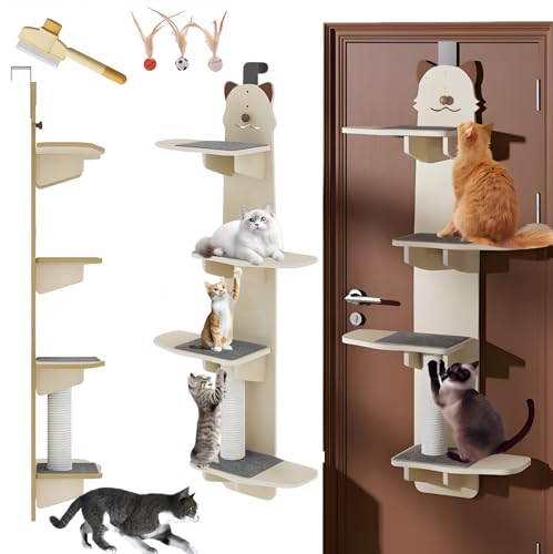 RIDEONMOP Tür hängende Katze Regal, über die Tür Kratzbaum, 4-Ebenen über die Tür Katze Climber mit Katzen Kratzbrett & Plüsch Ball, Katze Regale für Wand große Katzen Set von RIDEONMOP