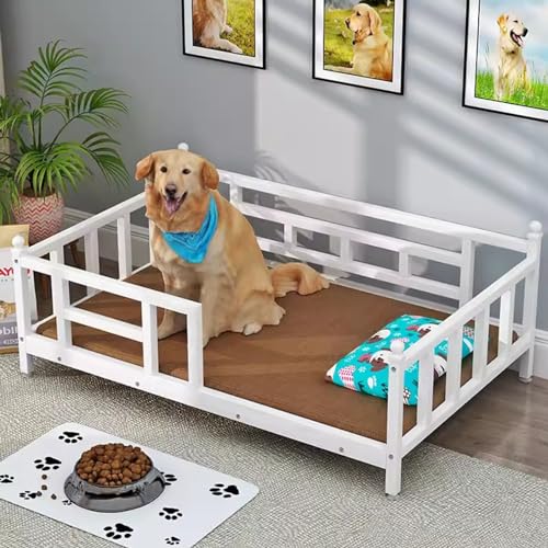 RIEJIN Hundebett Sofa Hundebetten mit Zaun, Massivholz Haustierbett für mittleren bis großen Maßstab Dogs&cat Innen- oder Außenbereich, verfügbar in 2-Farben(Color:White 2,Size:X-Large) von RIEJIN
