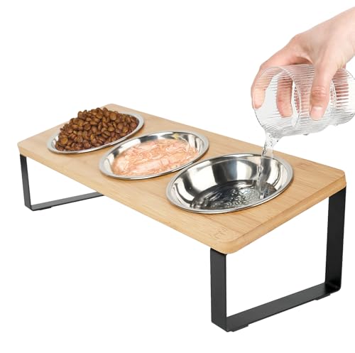 Erhöhter Katzennapf, 15° geneigter Katzennapfständer mit 3 Edelstahlnäpfen für Indoor-Katzen und Haustier, erhöhte Katzennäpfe für Futter und Wasser von RIHAIVHX
