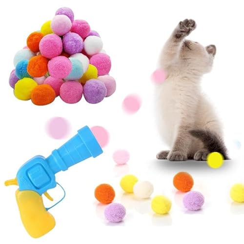 Ballwerfer für Katzen, 20 Stück, interaktives Katzenspielzeug mit 1 Launcher und 20 bunten weichen Bommeln, lustiges Spielzeug für Haustiere zum Verfolgen Ballwerfer für Katzen, 20 Stück, interaktives Katzenspielzeug mit 1 Launcher und 20 bunten weichen Bommeln, lustiges Spielzeug für Haustiere zum Verfolgen von RILYSUN